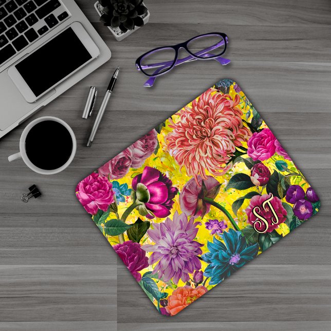 Mousepad Elegante Monograma Floral Amarelo Vintage (Criador carregado)
