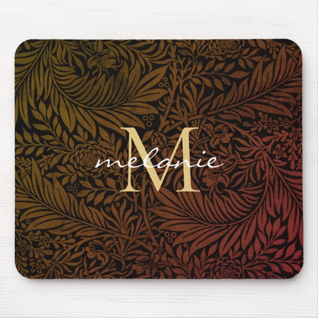 Mousepad Elegante Monograma Floral Laranja Ferrugem Dourado (Frente)