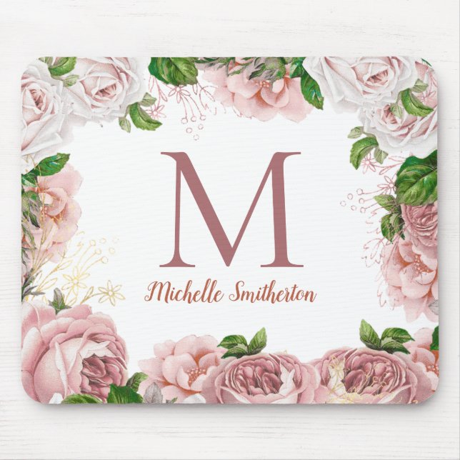 Mousepad Elegante Monograma Floral Rosa Bege Vintage em Bra (Frente)