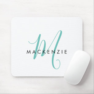 Mousepad Elegante Monograma Moderno em Branco e Azul Script