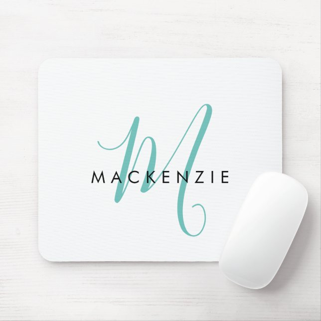 Mousepad Elegante Monograma Moderno em Branco e Azul Script (Com mouse)