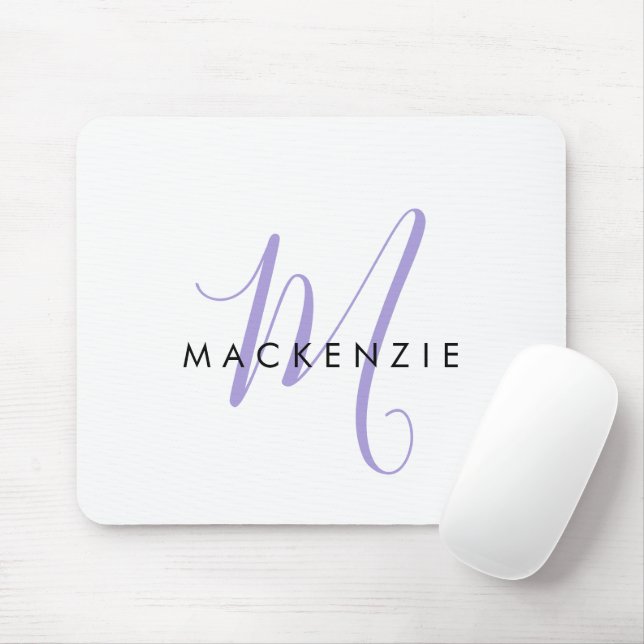 Mousepad Elegante Monograma Moderno em Branco e Lavanda com (Com mouse)