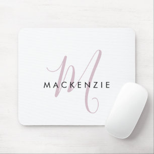 Mousepad Elegante Monograma Moderno em Branco e Rosa Script