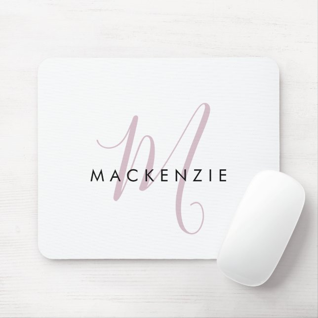 Mousepad Elegante Monograma Moderno em Branco e Rosa Script (Com mouse)