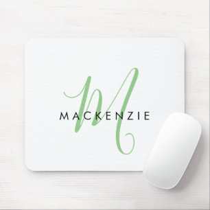 Mousepad Elegante Monograma Moderno em Branco e Verde com L