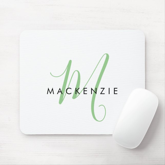 Mousepad Elegante Monograma Moderno em Branco e Verde com L (Com mouse)