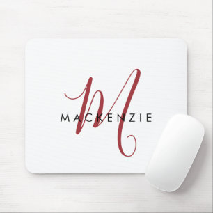 Mousepad Elegante Monograma Moderno em Branco e Vermelho co