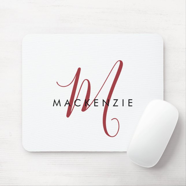 Mousepad Elegante Monograma Moderno em Branco e Vermelho co (Com mouse)