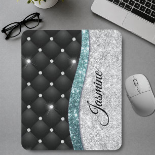 Mousepad Elegante monograma preto brilhante prata falso azu
