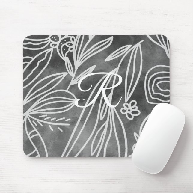 Mousepad Elegante Monograma Preto e Branco de Folhas Desenh (Com mouse)