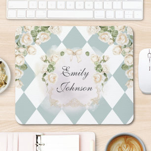 Mousepad Elegante Monograma Rosas Brancas Folhas Verdes Dia