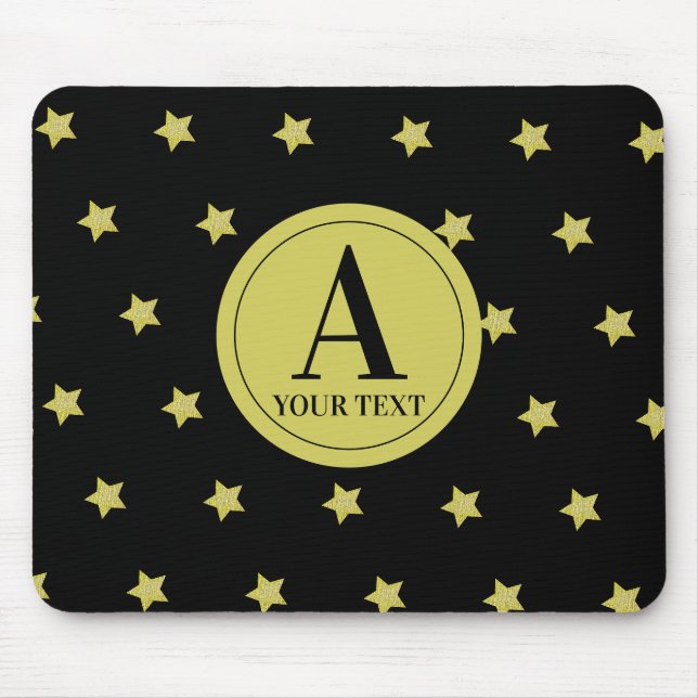 Mousepad Elegante Padrão de Estrela Monograma em Ouro e Pre (Frente)