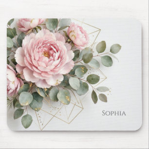 Mousepad Elegante Peônia Rosa Dourado Geométrico Nome Perso
