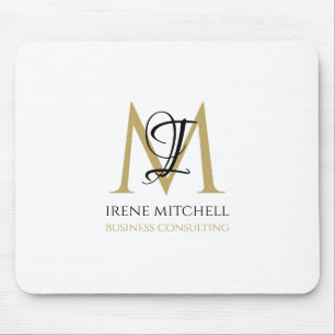 Mousepad Elegante Preto Branco Dourado Monograma Moderno