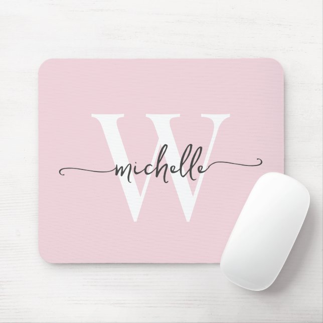 Mousepad Elegante Rosa Bege Feminino Nome Monograma Script (Com mouse)