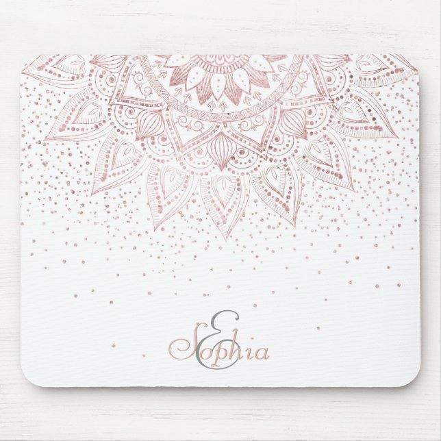 Mousepad Elegante Rosa Dourado Dots Mandala (Frente)