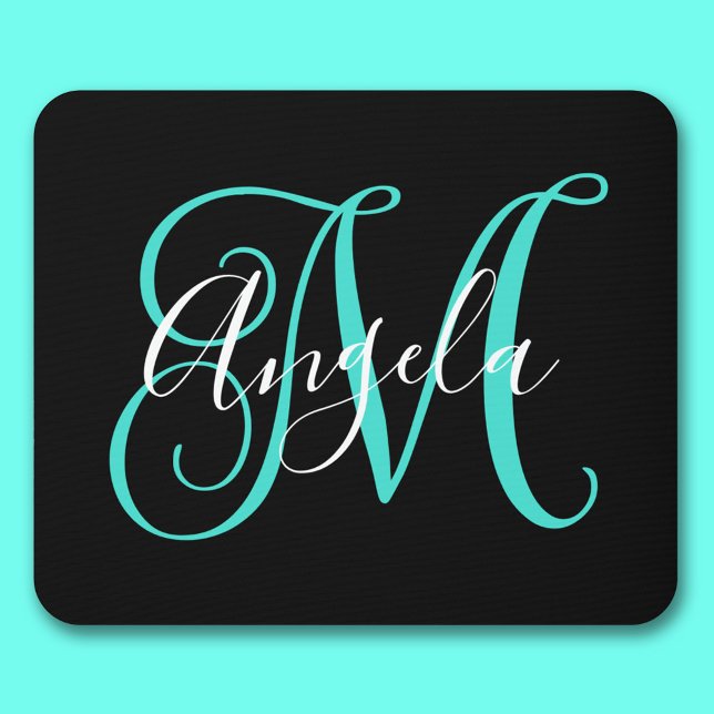 Mousepad Elegante Roteiro Preto Branco e Monograma Turquesa (Elegant Script Black White and Turquoise Monogram Mouse Pad)