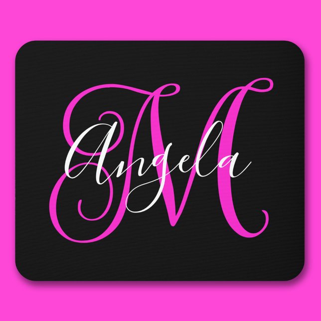 Mousepad Elegante Roteiro Preto Branco Magenta Monograma (Elegant Script Black White Hot Magenta Monogram Mouse Pad)