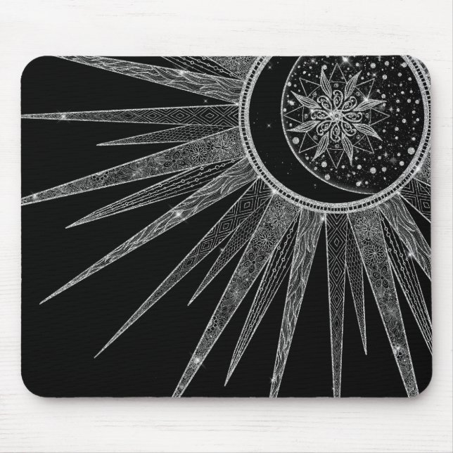 Mousepad Elegante Silver Sun Moon Mandala Black Design (Frente)