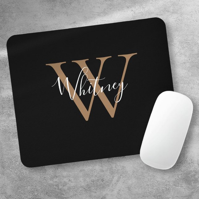 Mousepad Elegante Tapete de Mouse Preto Dourado com Nome em (Elegant Black Gold Monogram Script Name Mouse Pad)