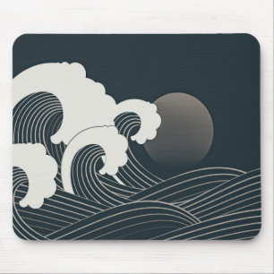 Mousepad Elegante Trabalho de arte branco e preto de ondas 