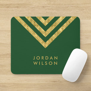 Mousepad Elegante Verde Falso Dourado Nome Chevron Geométri