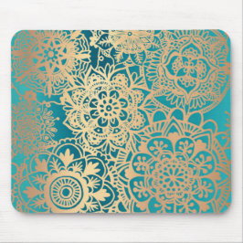 Mousepad Elegante Verde Teal e Dourado Padrão Floral de Man