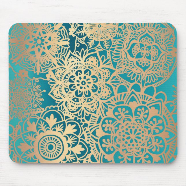 Mousepad Elegante Verde Teal e Dourado Padrão Floral de Man (Frente)