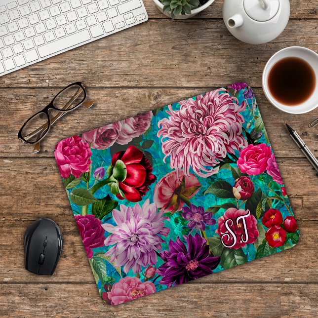 Mousepad Elegante Vintage aqua azul Monograma floral (Criador carregado)