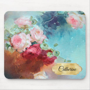Mousepad Elegante Vintage Rosa Rosas Rosa Nome de Pintura
