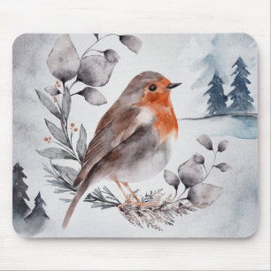 Mousepad Elegante Watercolor Winter American Robin