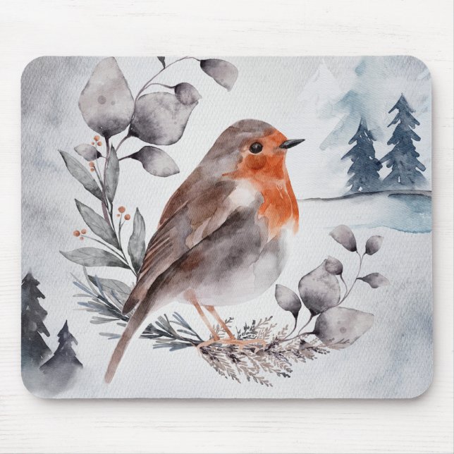 Mousepad Elegante Watercolor Winter American Robin (Frente)