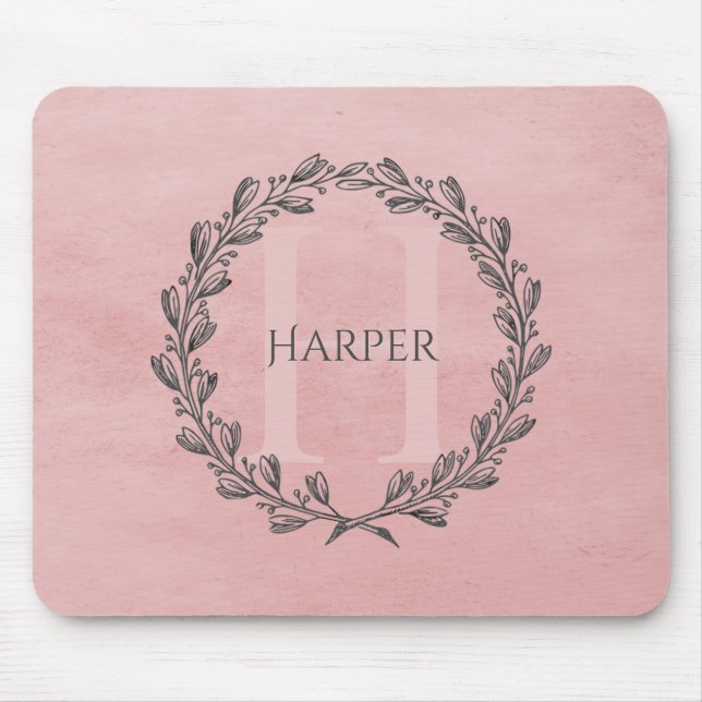 Mousepad Elegante Wreath Monograma | Pad Rosa do Mouse (Frente)