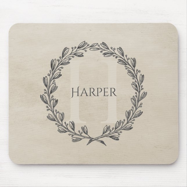 Mousepad Elegante Wreath Monograma | Placa do rato bege (Frente)