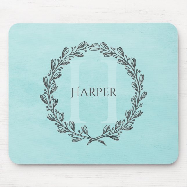 Mousepad Elegante Wreath Monograma | Placa do rato Teal (Frente)