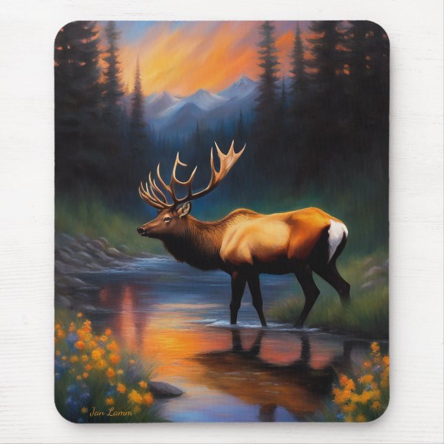 Mousepad Elk na Montanha Stream Linda Pintura (Frente)