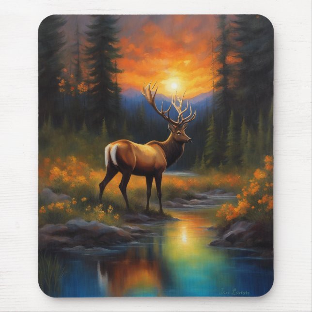 Mousepad Elk no Rocky Mountain Stream Linda Pintura (Frente)