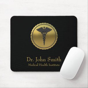 Mousepad Emblema Médico Caduceu 3D Dourado Profissional