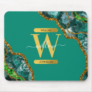 Mousepad Emerald Green & Dourado Agate Geode Glitter Monogr