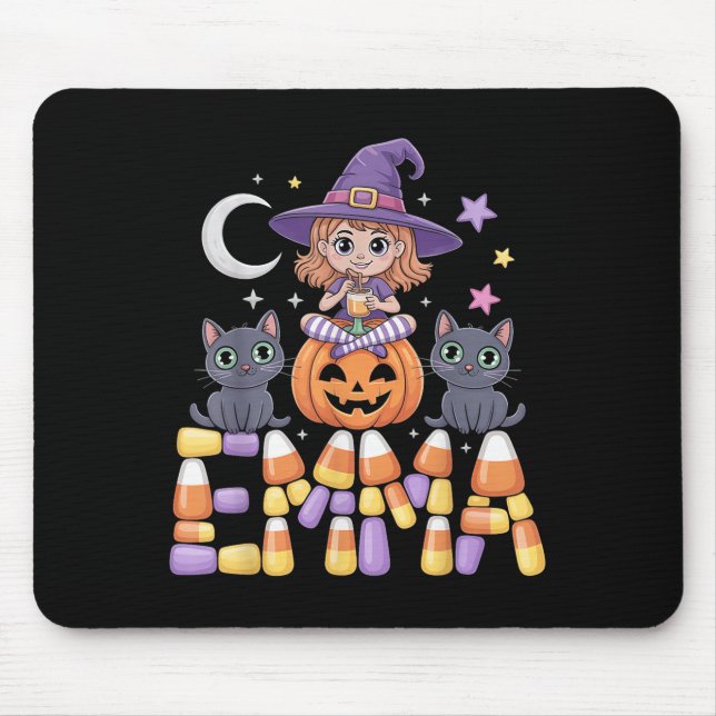 Mousepad Emma Witch Candy Corn Cat Halloween Women And Girl (Frente)