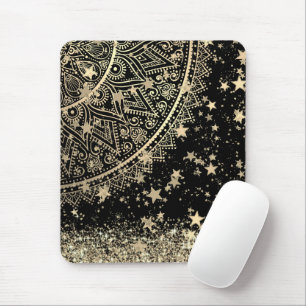 Mousepad Encantando Mandala com Douradas Estrelas em Preto