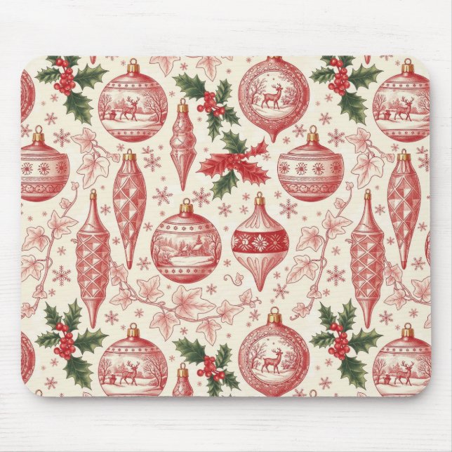 Mousepad Enfeites de Natal em Toile Vermelho Chinoiserie (Frente)