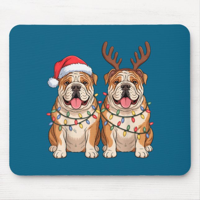 Mousepad English Bulldog Christmas Santa Hat Reindeer Light (Frente)