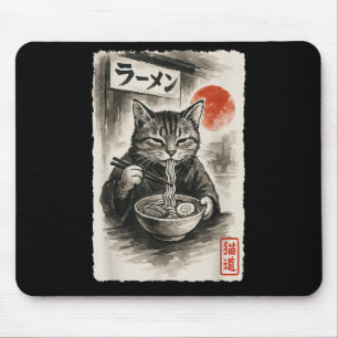 Mousepad Engraçado Gato Comendo Ramen Noodles Sumi-e Japonê