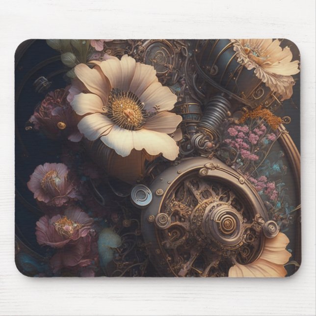 Mousepad Engrenagens Steampunk e Flores Brancas  (Frente)