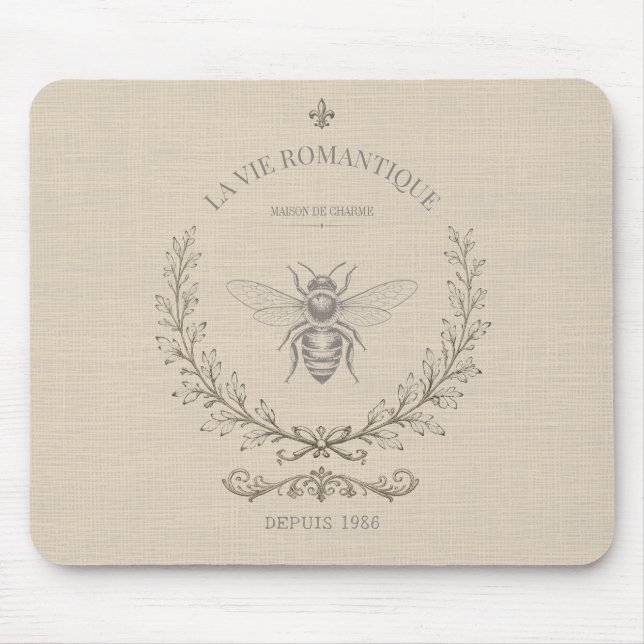Mousepad Entalhe de Abelha Bege Quente | Francês Rústico Co (Frente)