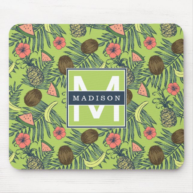 Mousepad Esboço da fruta tropical no teste padrão verde (Frente)
