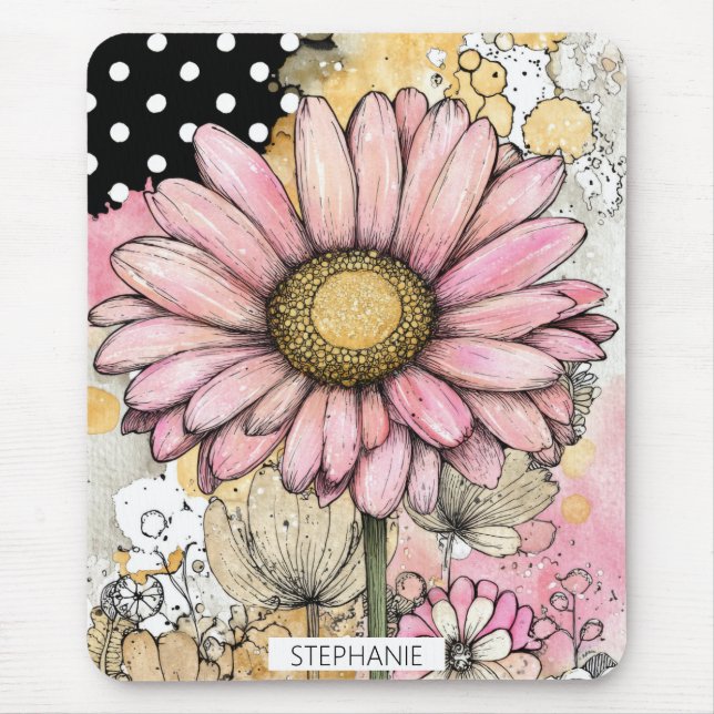 Mousepad Esboço de Flor de Margarida Rosa com Centro Amarel (Frente)