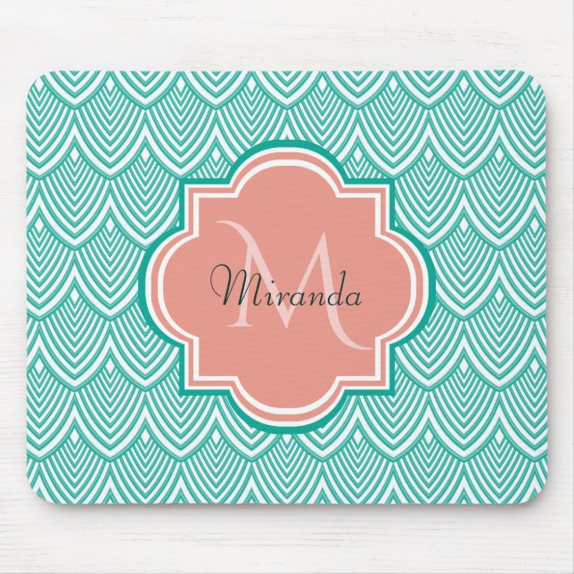 Mousepad Escamas de Peixe Art Déco Verde Teal com Nome Mono (Frente)