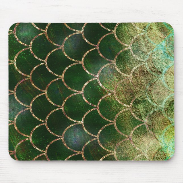 Mousepad Escamas de Peixe de Sereia Verde e Dourado Brilhan (Frente)